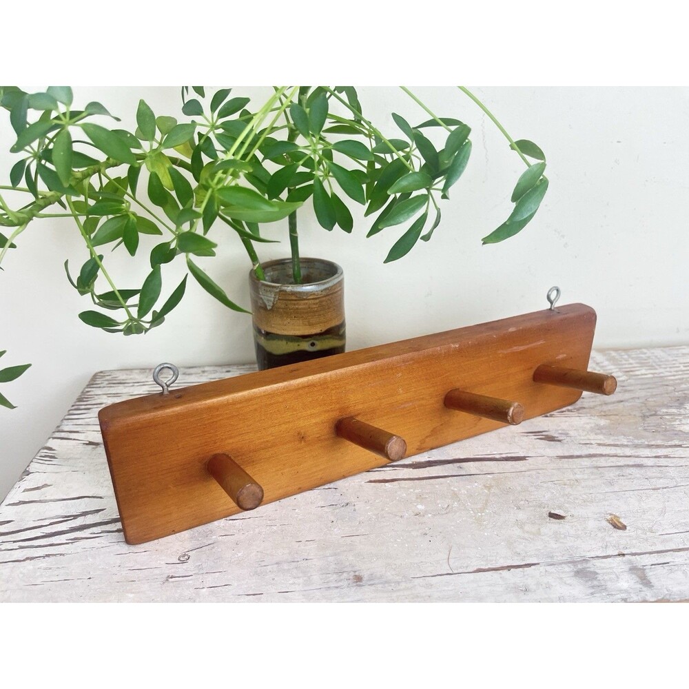 Vintage Rustic Wooden Coat Hat Rack 4 Peg Hanger Wall Mount Country 13” Cottage